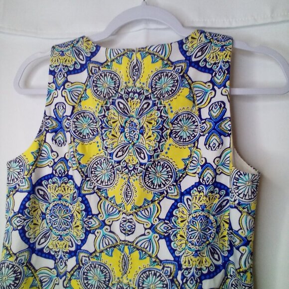 London Times Dress Women 6 Sleeveless Pattern Back Zip Yellow Blue - Picture 11 of 12